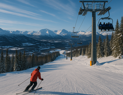 A skier descends the sunny slopes of Hemsedal alongside the new chairlift.