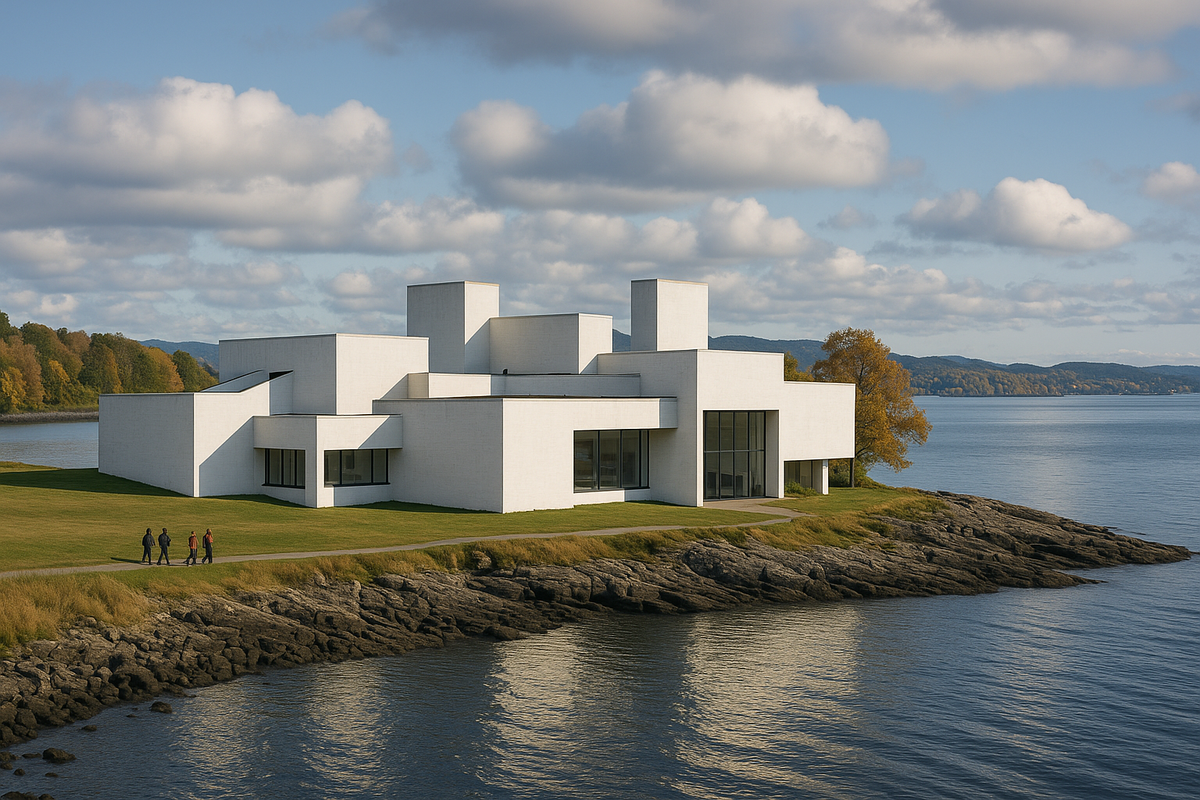 he modern Henie Onstad Art Centre building on the Oslofjord shore on an autumn day.