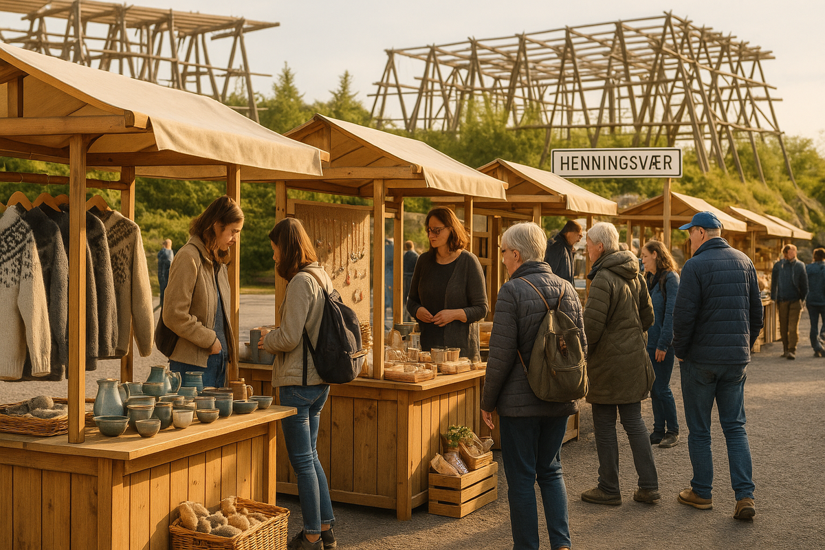 Artisan market in Henningsvær with wool sweaters, pottery and local food.