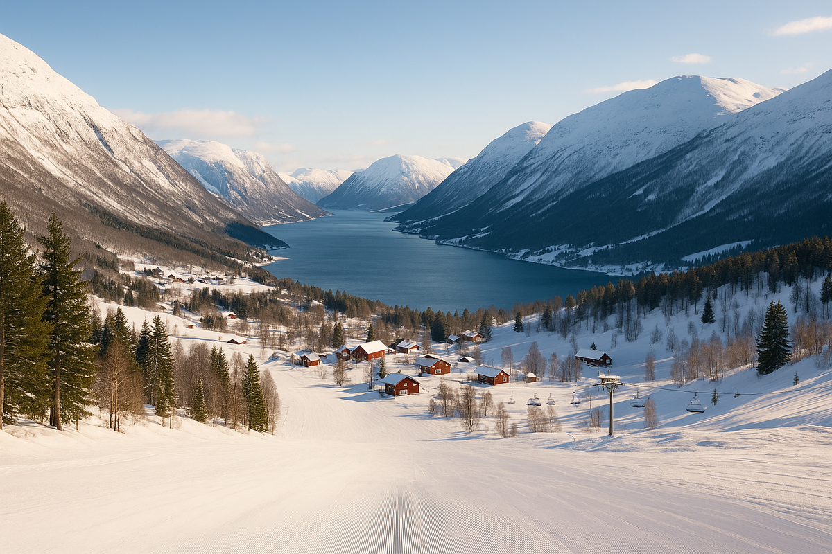 A cozy Norwegian ski village by a fjord, surrounded by snow-covered mountains.