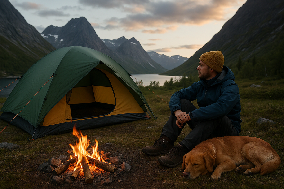 A hiker and his dog take a break amidst the Norwegian mountains, enjoying the serene landscape.