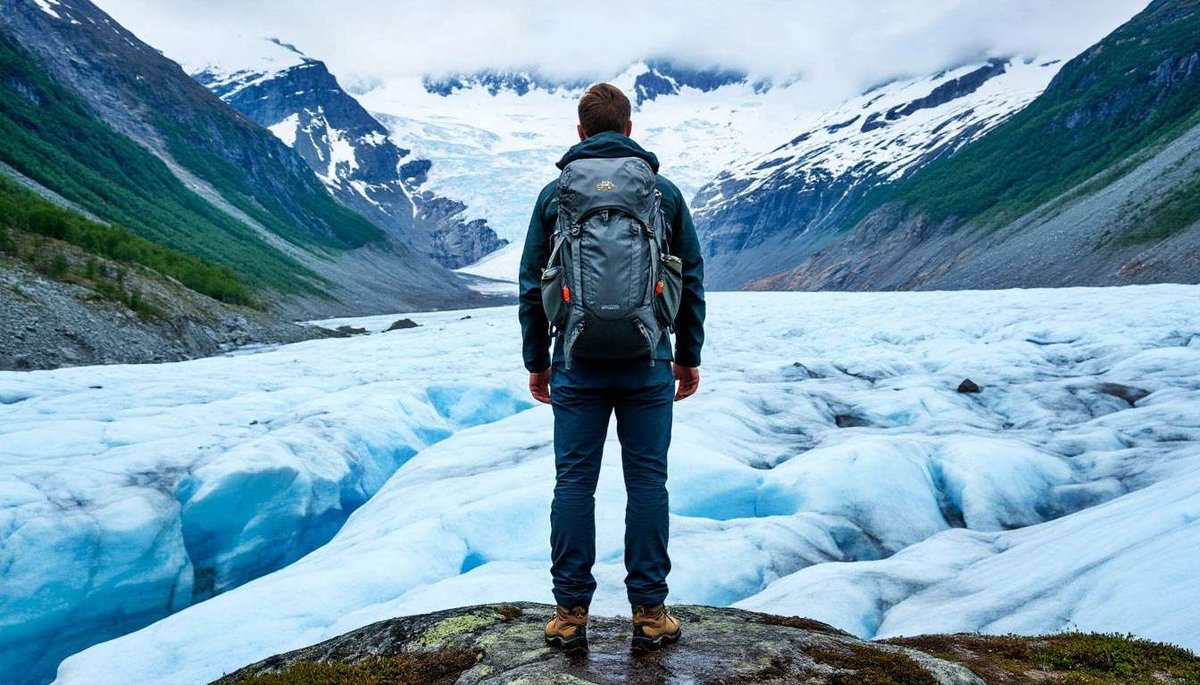 A man with a backpack stands on the Jostedalsbreen glacier.