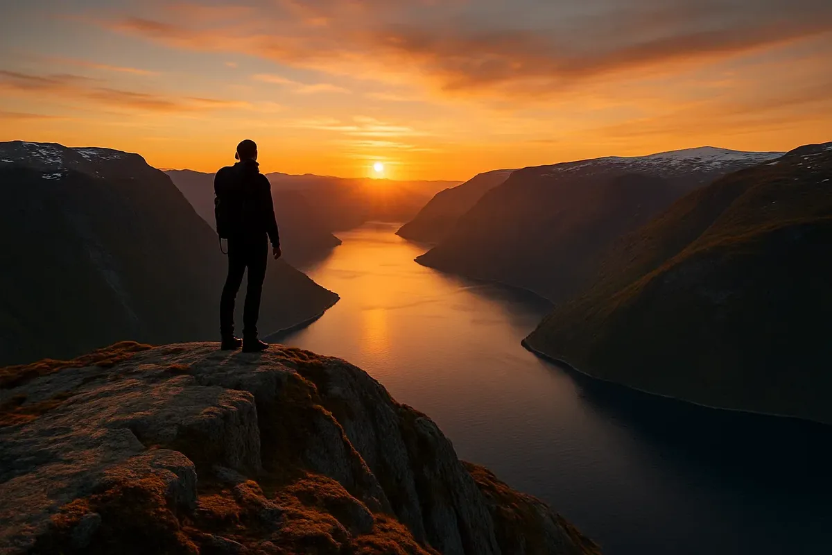 Stunning mountain viewpoint over fjord with golden evening light