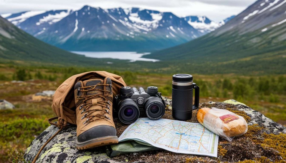 Hiking gear is placed on a rock overlooking a mountain valley.