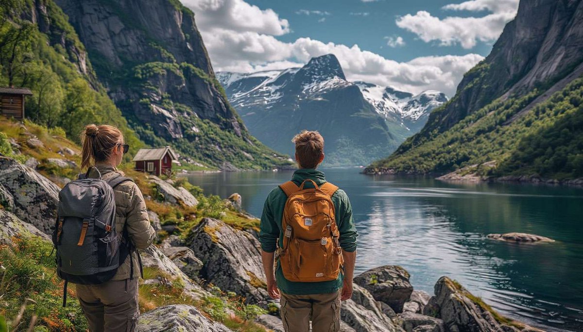 A hiking couple with backpacks enjoying the scenic view of a Norwegian fjord and snowy mountains.