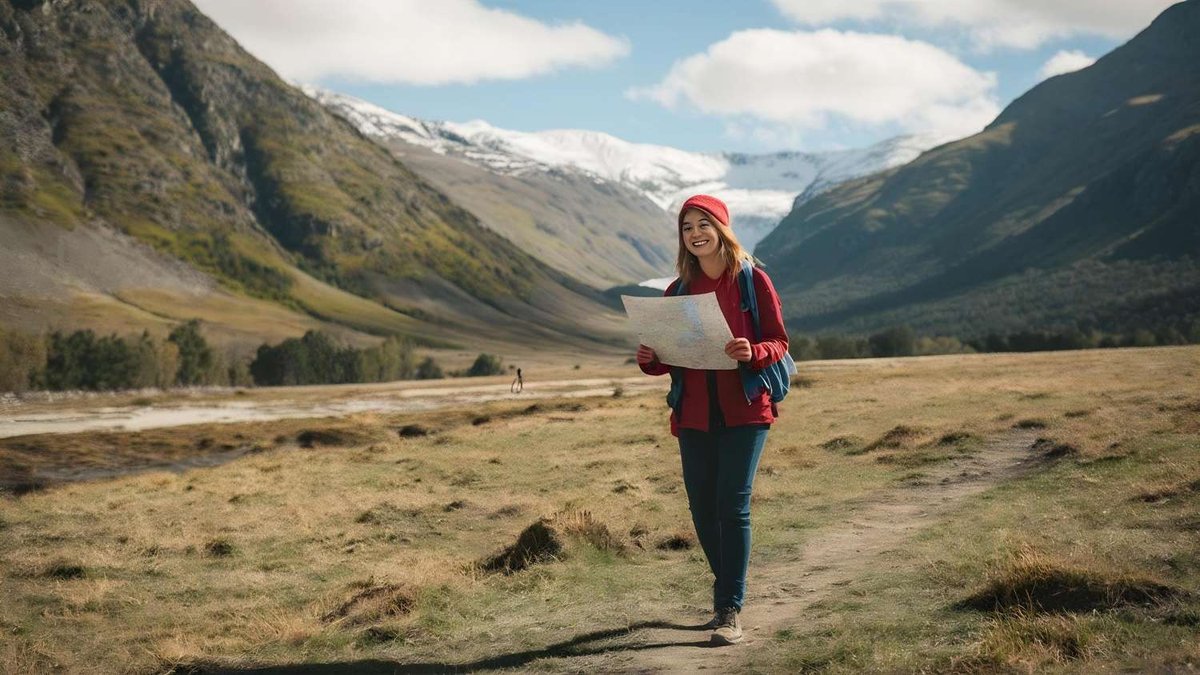 A woman in hiking clothes holds a map in front of a mountain valley.