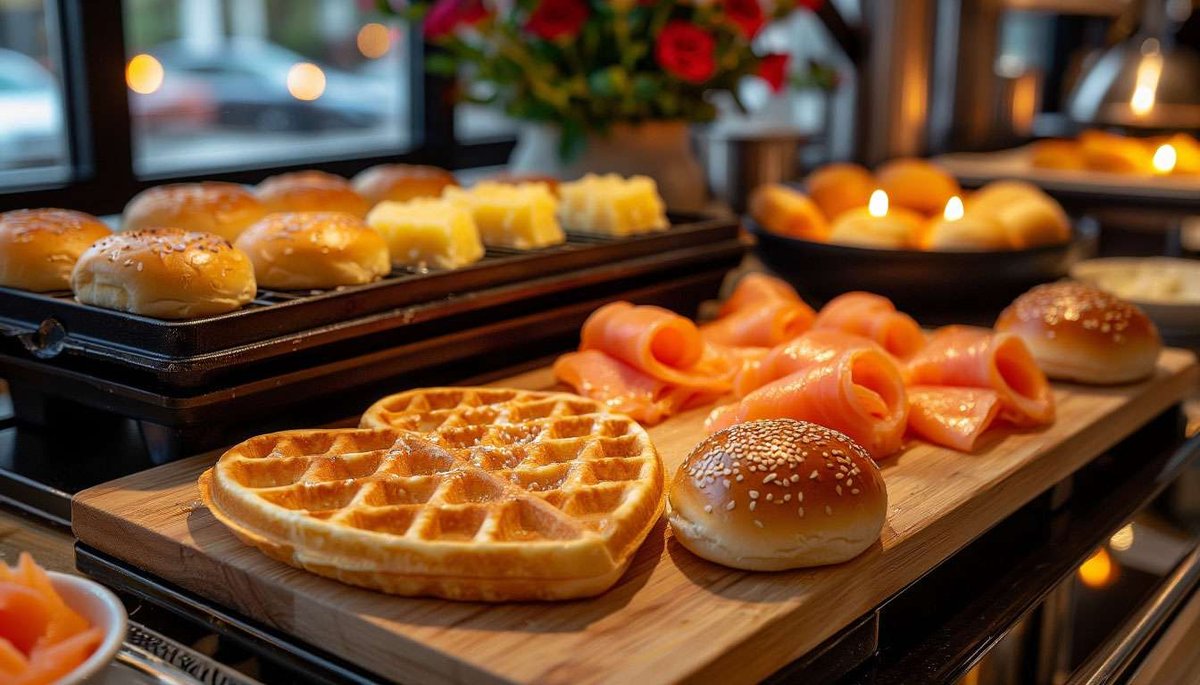 Indulgent frokostbuffet—waffles, brunost and fjord-fresh salmon showcase Norway’s legendary hotel breakfast.