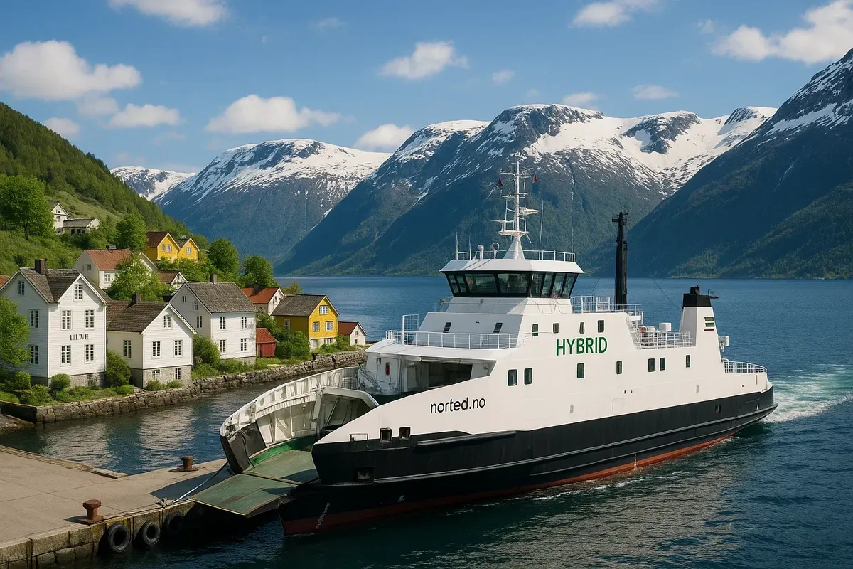 Green transport ferry and small village on Hardangerfjord