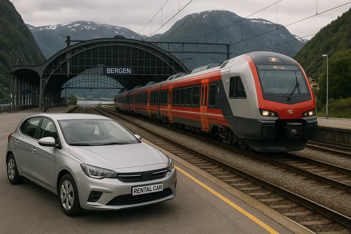 Комбинация поезд + авто: поезд прибывает в Берген, рядом припаркован арендованный автомобиль на фоне фьордов