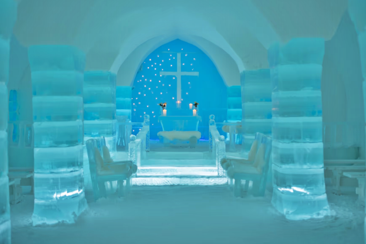 Inside the ice chapel at Sorrisniva Hotel, everything is made of ice, including the columns, benches, and altar.