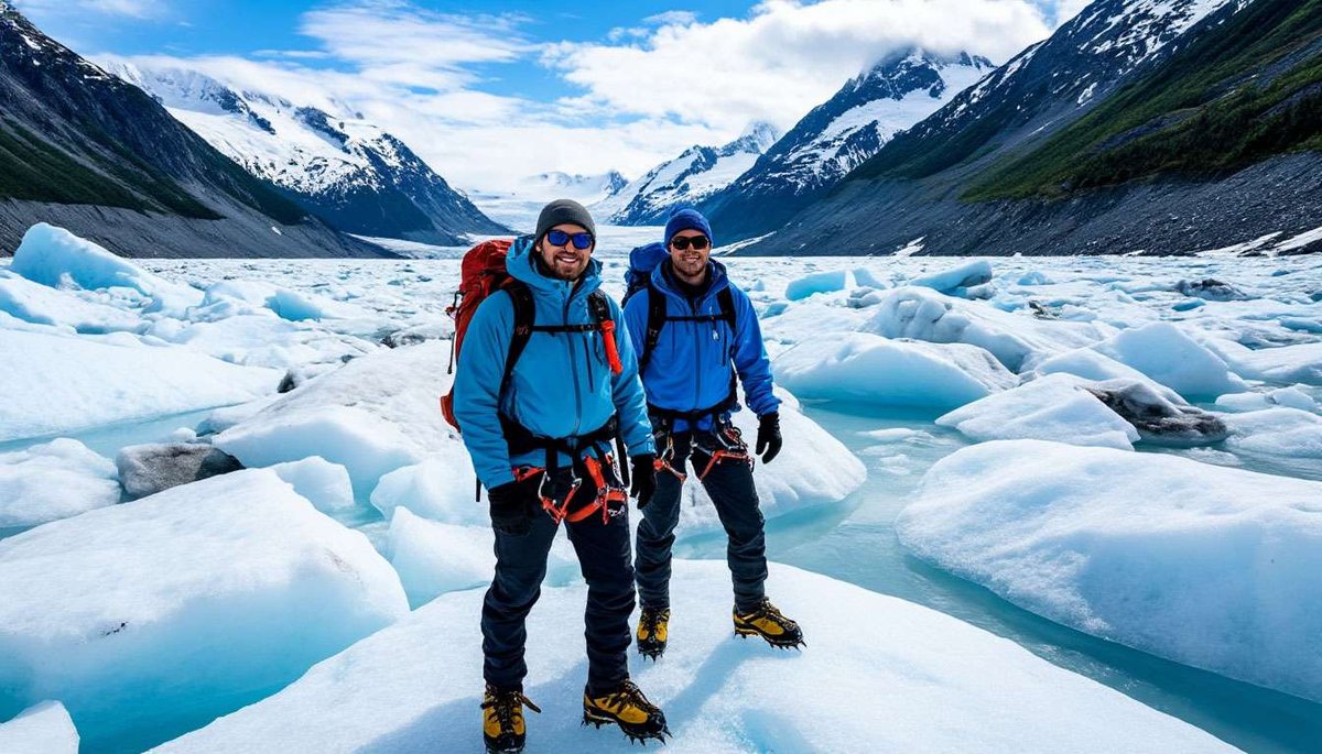Two climbers with gear stand among icy blocks.