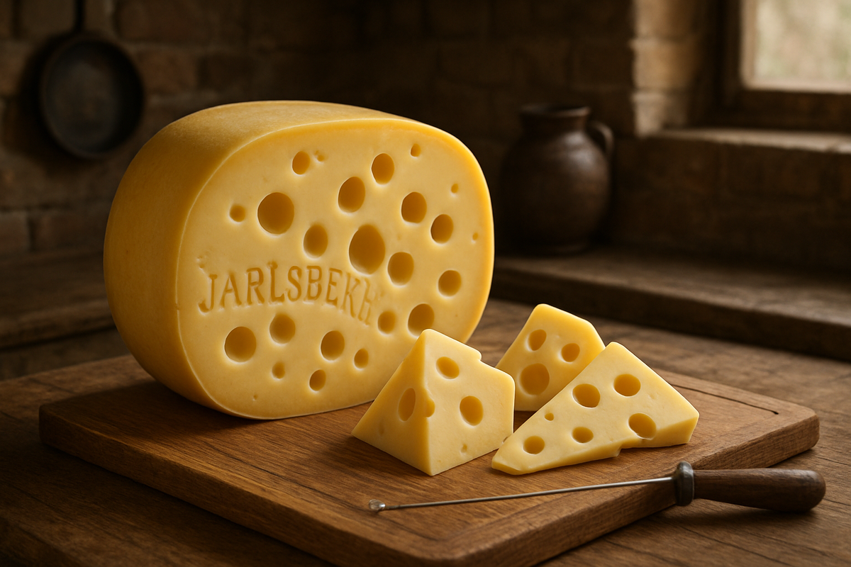 Whole Jarlsberg wheel displaying iconic holes, cut wedges and wire slicer on wooden board; warm rustic ambiance.