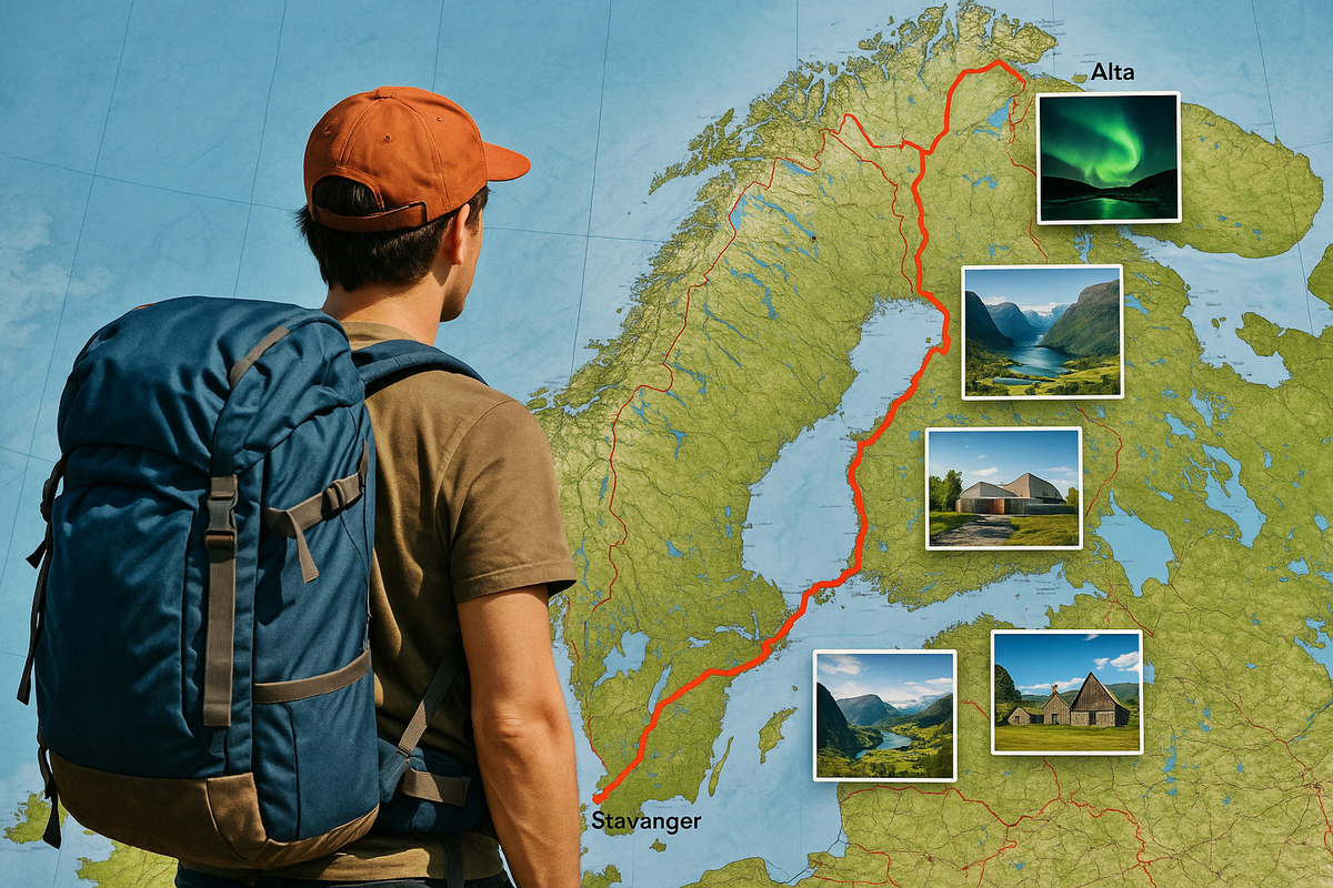 A traveler looks at a map of Norway with marked tourist attractions.