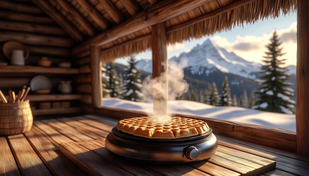 Fresh kabinvafler cooking in a ski hut—warm waffles meet winter mountain magic.