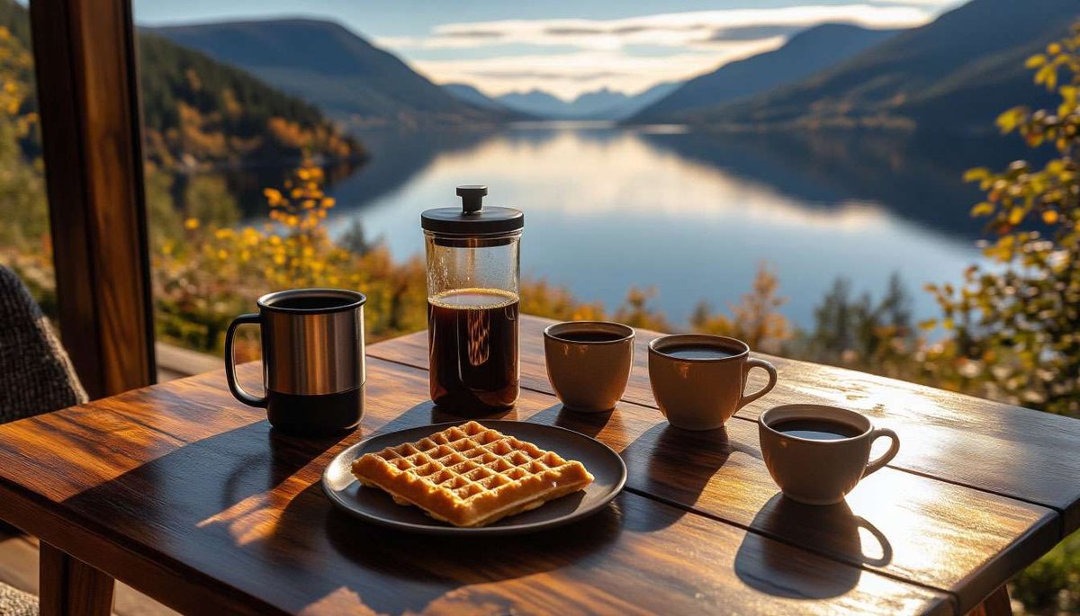 A Norwegian kaffepause—shared filter coffee and waffle warmth against a tranquil fjord backdrop.