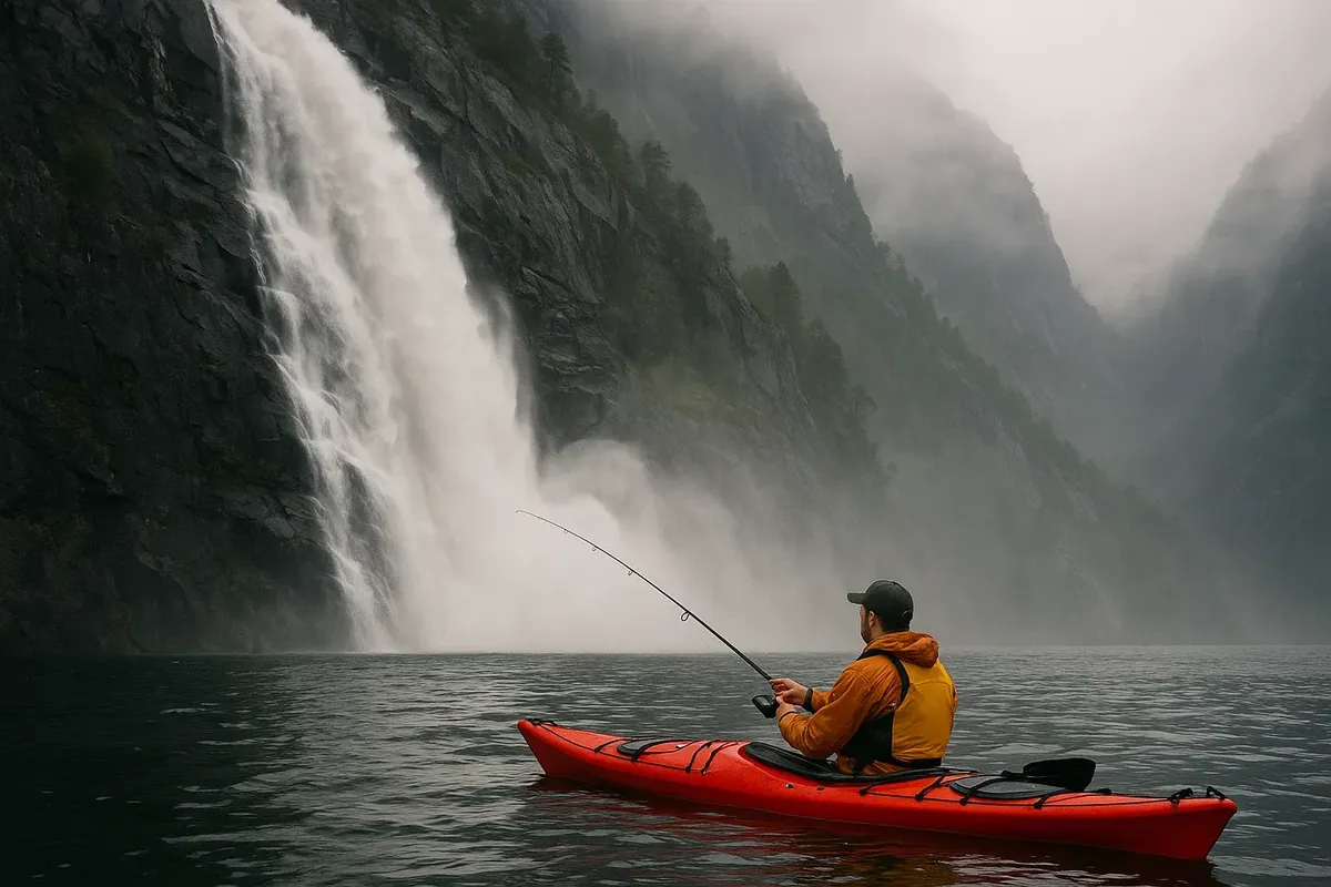 Kayaker casting a line beneath the towering Langfoss waterfall in Åkrafjorden