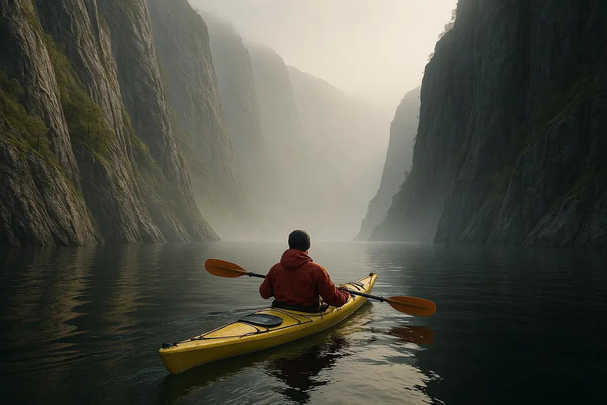 Solitary kayak adventure in hidden Norwegian fjord with mist and dramatic mountains