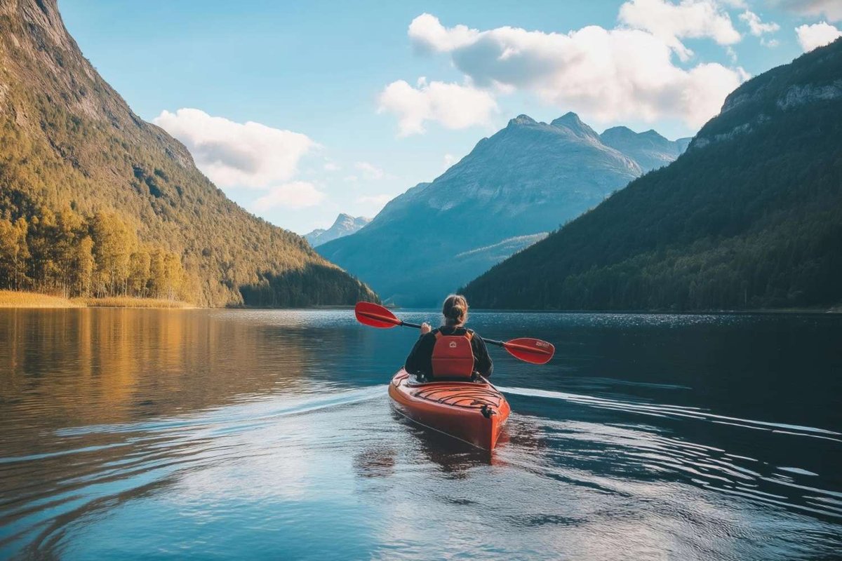 A woman kayaks through a calm fjord surrounded by mountains and autumn forest.