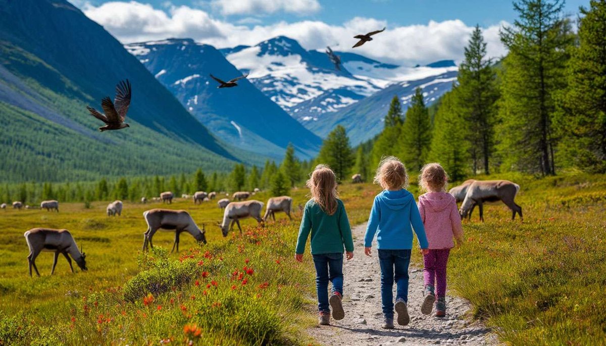 Three children walk along a trail past grazing reindeer with mountains in the background.