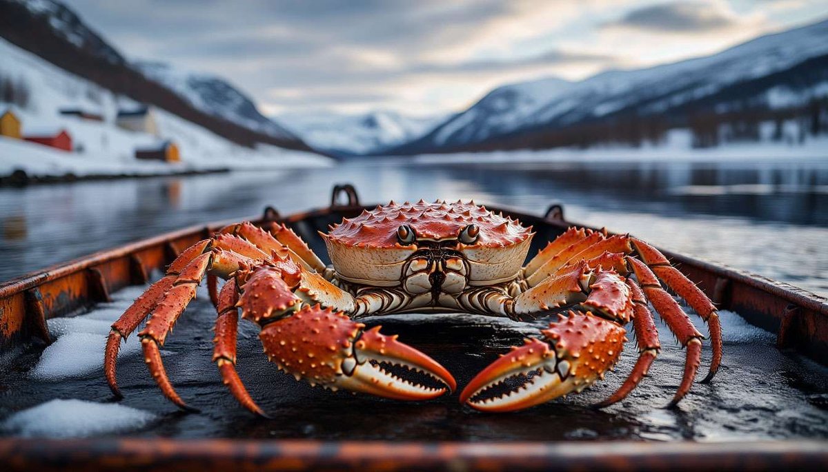 Arctic crab safari: giant king crab against icy fjord scenery.