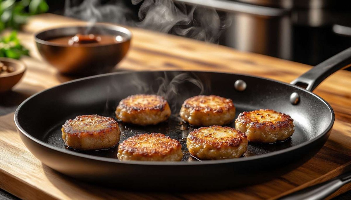 Sizzle of kjøttkaker—juicy beef cakes searing before their rich brown-sauce bath.