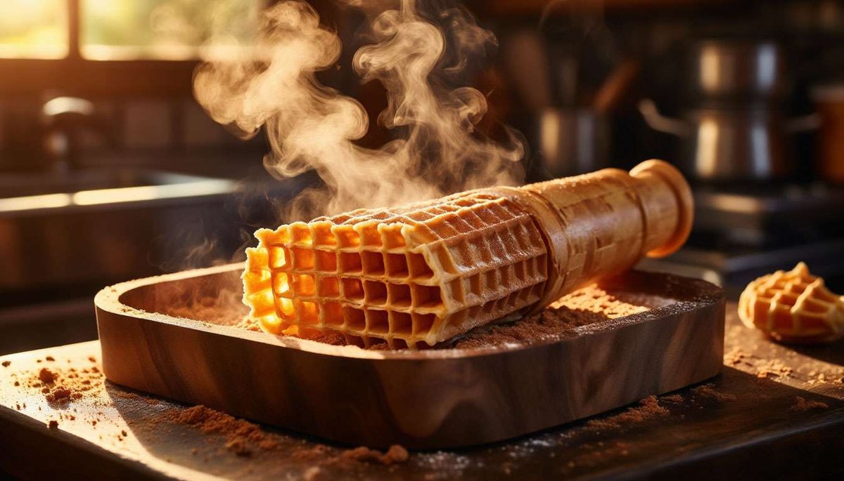 The magic moment—crispy krumkake curls around a cone seconds after leaving the sizzling iron.