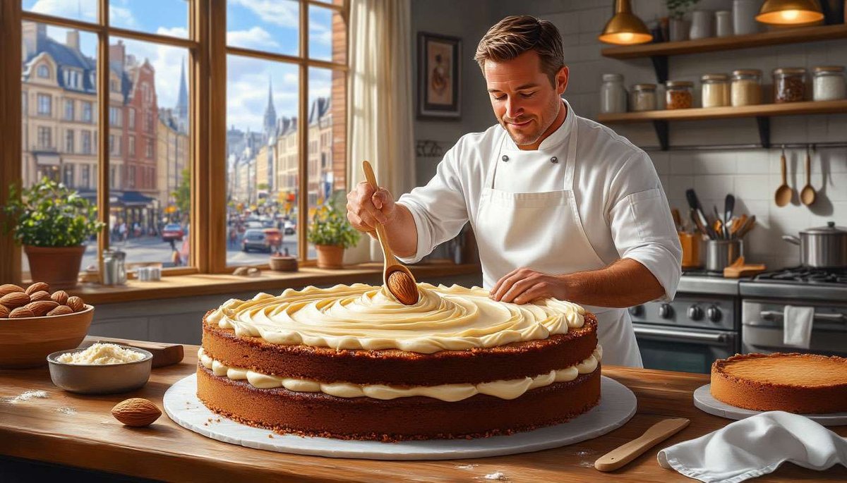 The magic moment: silky vanilla cream unites almond meringue and sponge to create the “World’s Best” cake.