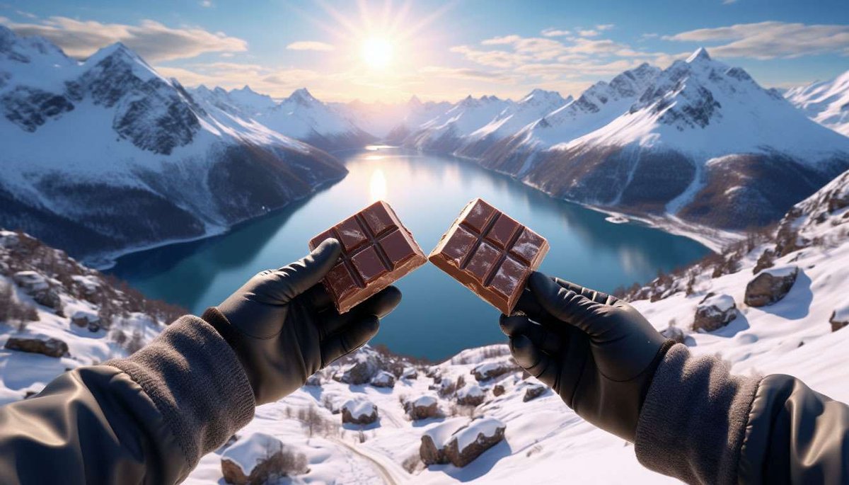 The classic mountain break—Kvikk Lunsj chocolate fuels every Norwegian summit moment.