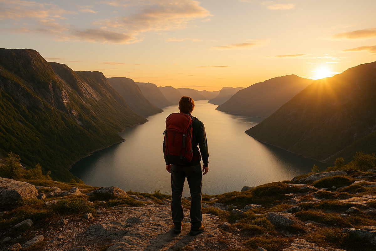 A hiker with a backpack gazes at the fjord in sunset light, preparing for a cached food trek