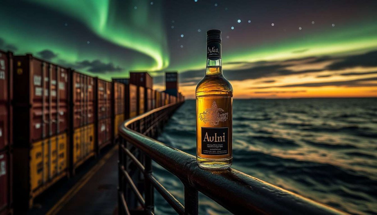 A well-traveled Linie Akevitt poised on deck—the spirit softened by two crossings of the equator.