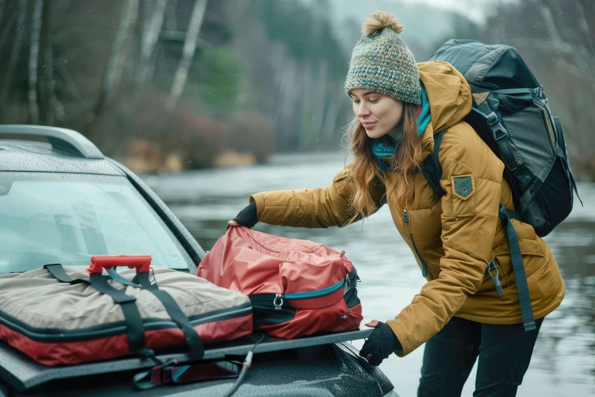 A woman in a winter jacket loads bags onto a car roof rack.