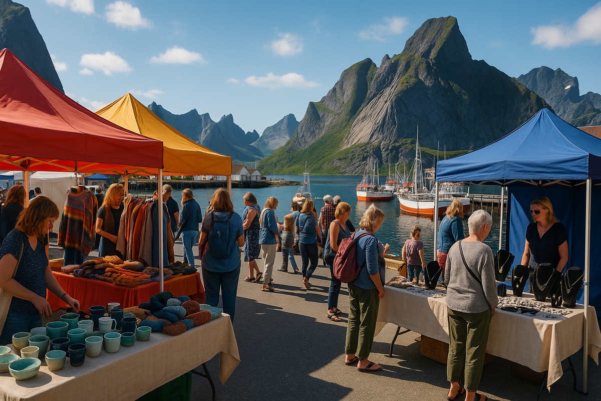 Summer craft festival at the harbor of the Lofoten Islands with colorful tents and mountain views.