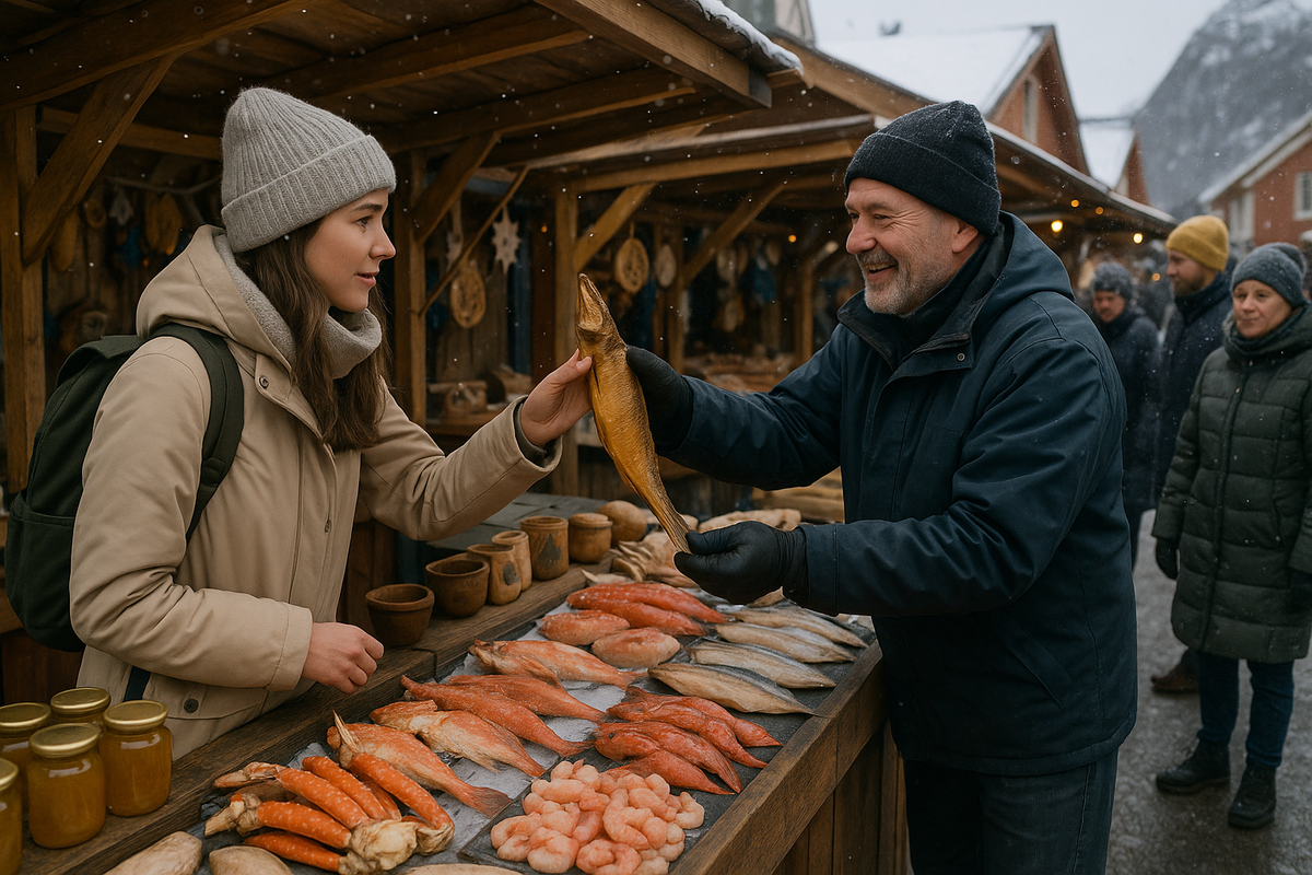 : Lofoten Svolvaer fish market with shoppers and local products.