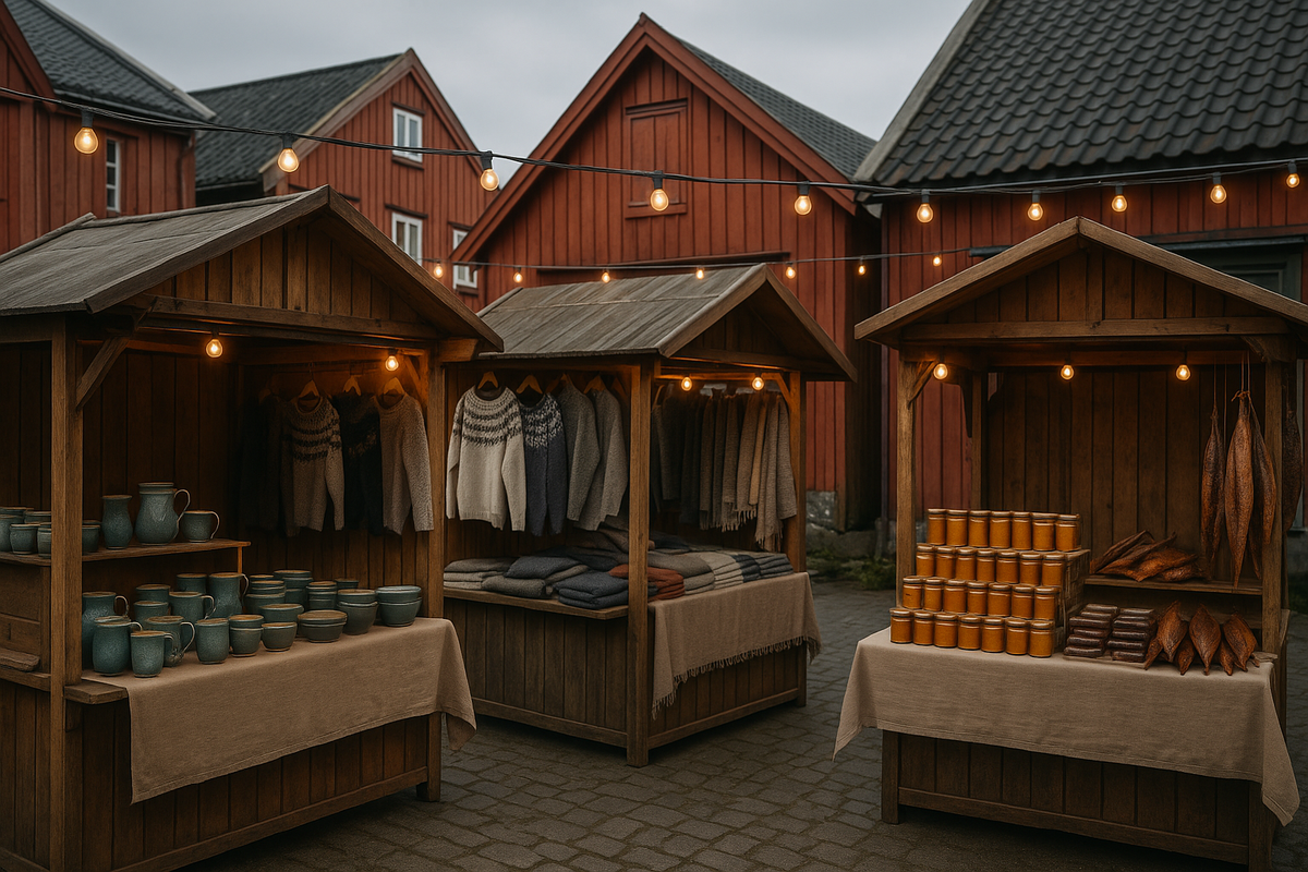 Lofoten local market with ceramics, wool products, and local delicacies.