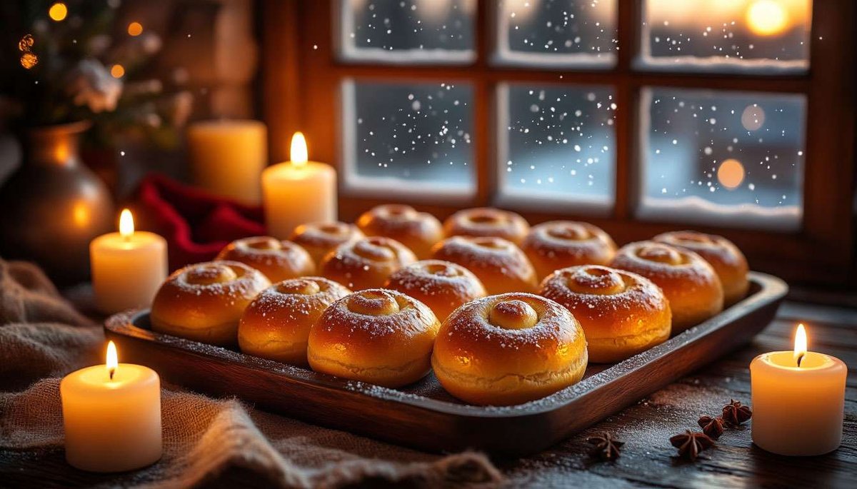Glowing saffron lussekatter light up Saint Lucia night—sweet hope against the polar dark.