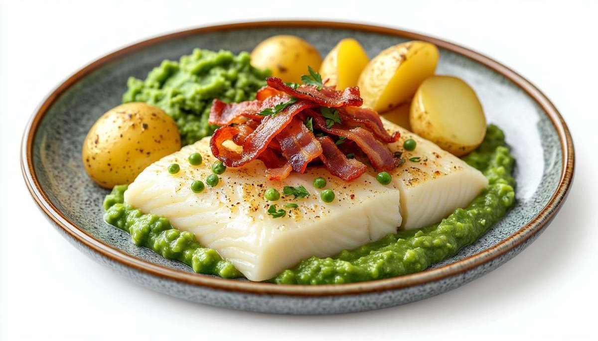 Love-it-or-leave-it Lutefisk—gelatinous cod paired with peas, bacon crunch and sharp mustard for Christmas.