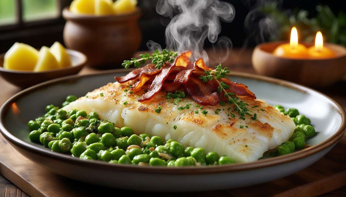 Steaming lutefisk with traditional sides—iconic taste of Norwegian Yuletide.