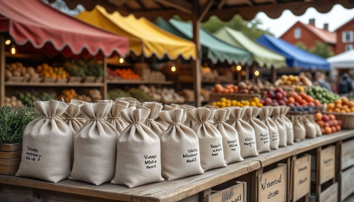 Artisanal tea stand at Bondens Marked: eco packaging, Debio tag visible, lively local market vibe.