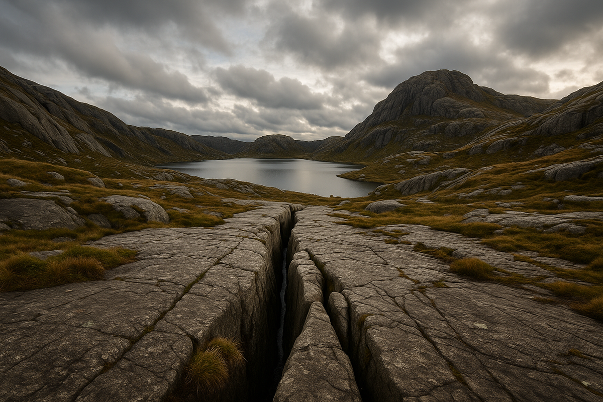 View of rock fissures and a lake in Magma Geopark, surrounded by mountains and moss under a cloudy sky.
