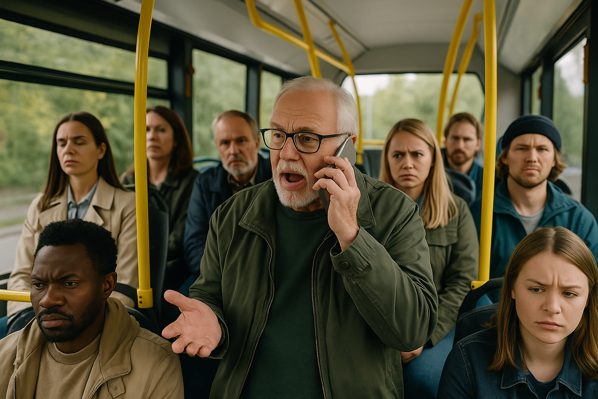 An elderly man talks loudly on the phone in a crowded bus, causing irritation among passengers.