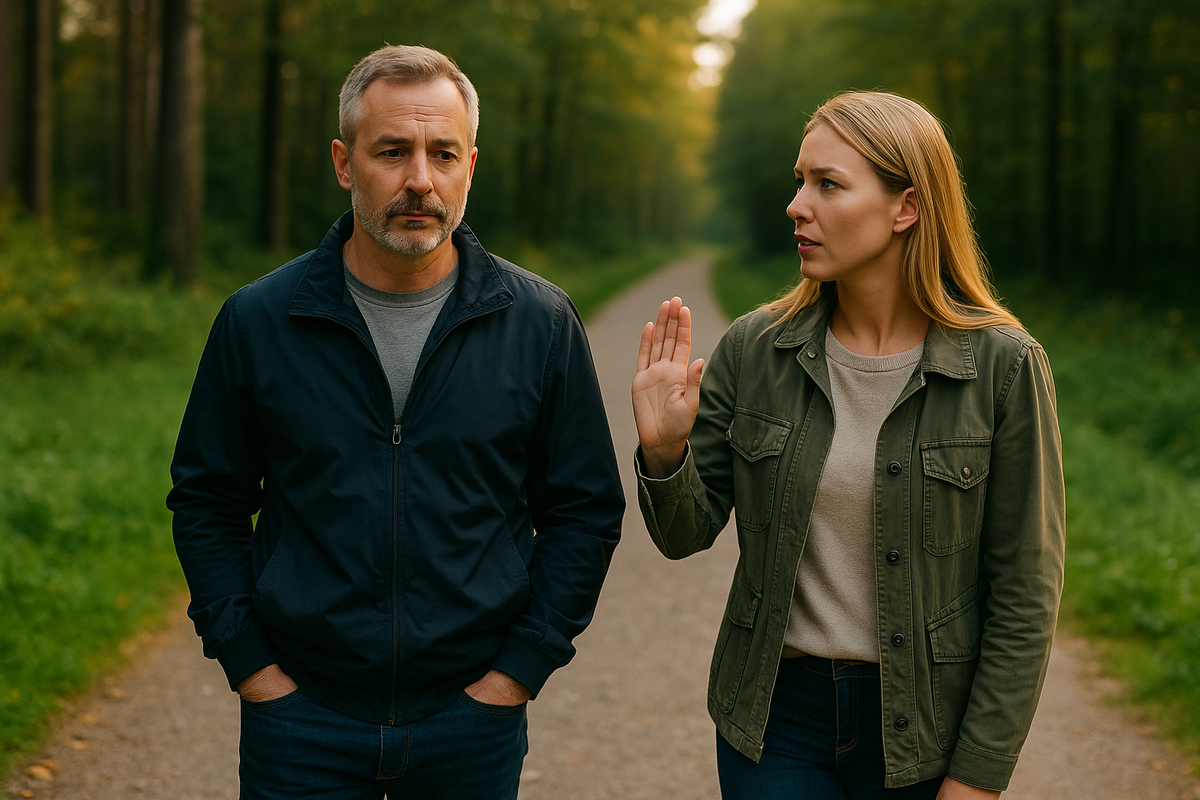 A man and a woman walking along a forest path, engaged in a serious conversation.