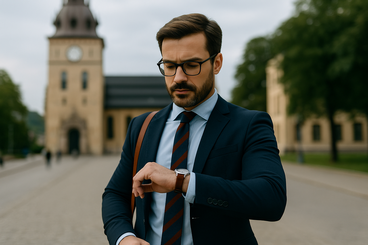 A man in a suit checking his watch with historic Norwegian buildings in the background.