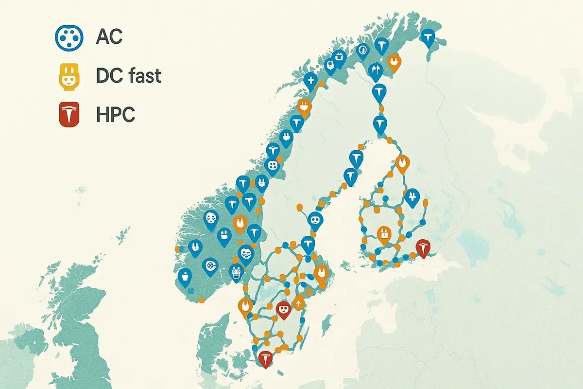 Инфографика-карта с типами зарядок: AC, DC Fast, HPC, сеть Ionity/Tesla