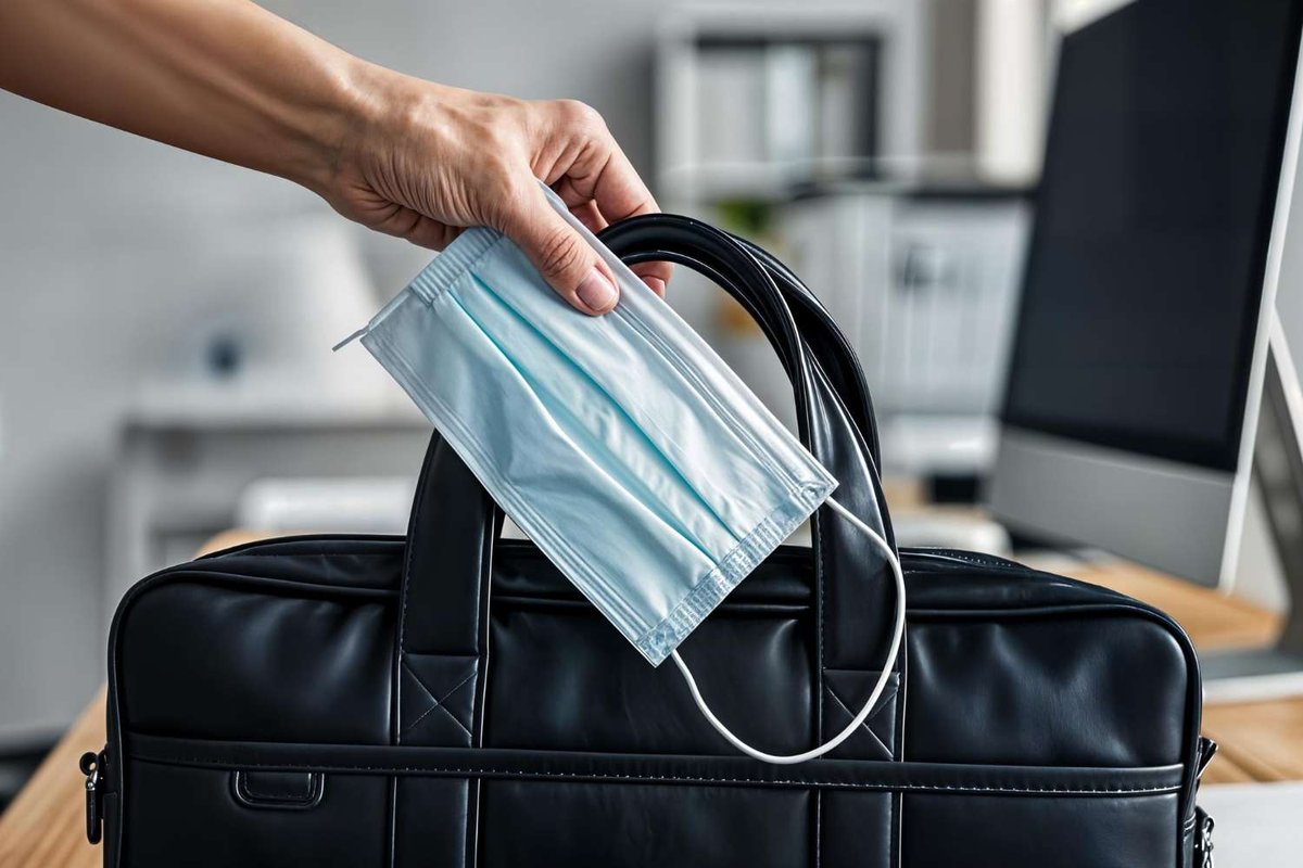 A hand holds a medical mask above a black business bag.