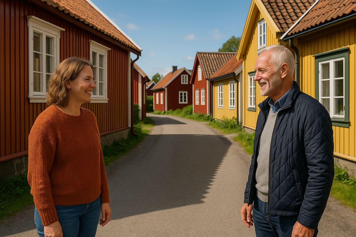 A man and a woman smile at each other on a street with traditional wooden houses.