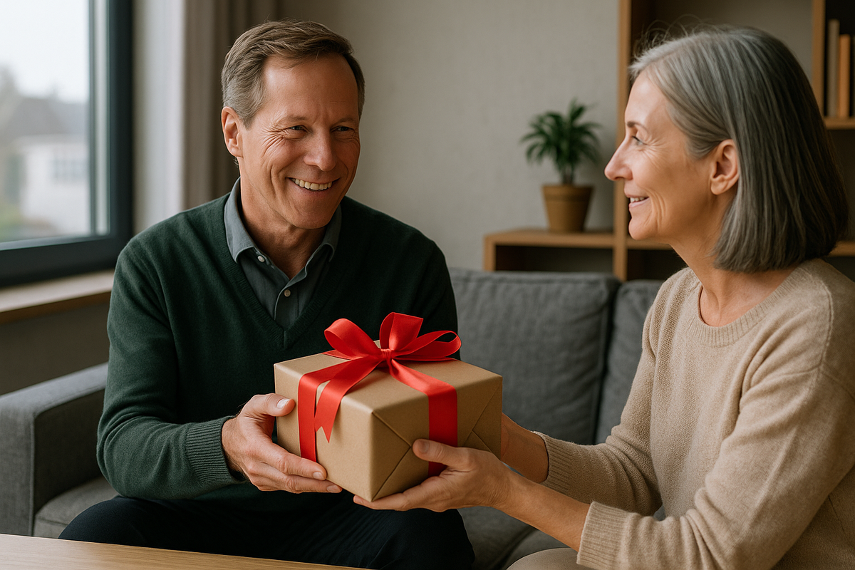 A middle-aged man with a smile receives a gift from a woman in a cozy living room.