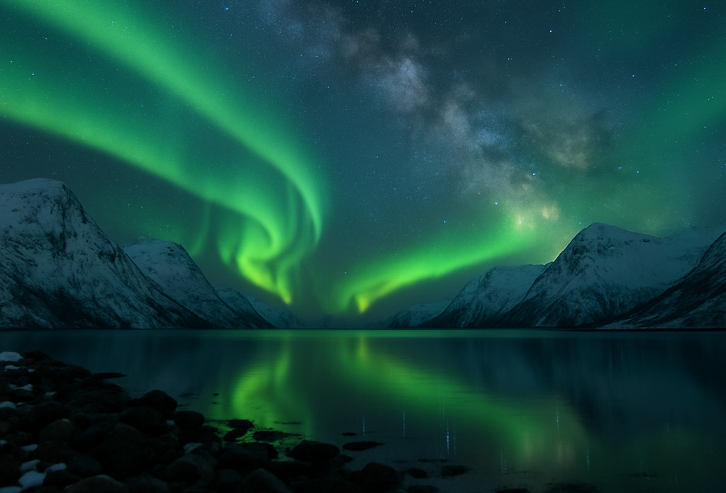 The Milky Way and Aurora Borealis over a Northern Norway fjord
