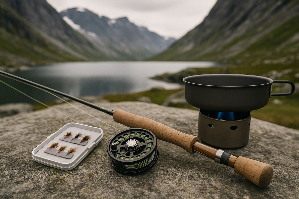 A minimalist setup with a fly rod, fly box, and burner with pot near a mountain lake — all you need for alpine fishing and fresh char cooking