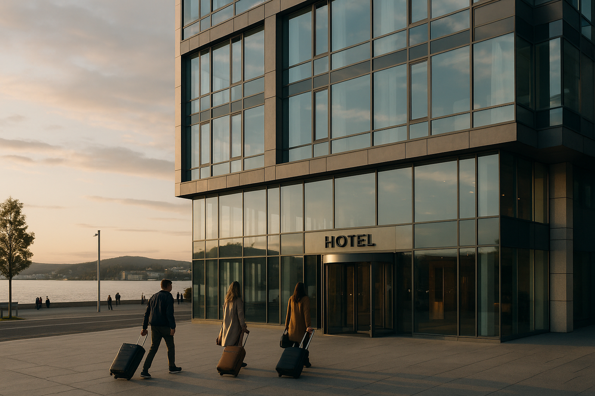 Modern hotel in central Oslo with large glass windows and a view of the fjord.
