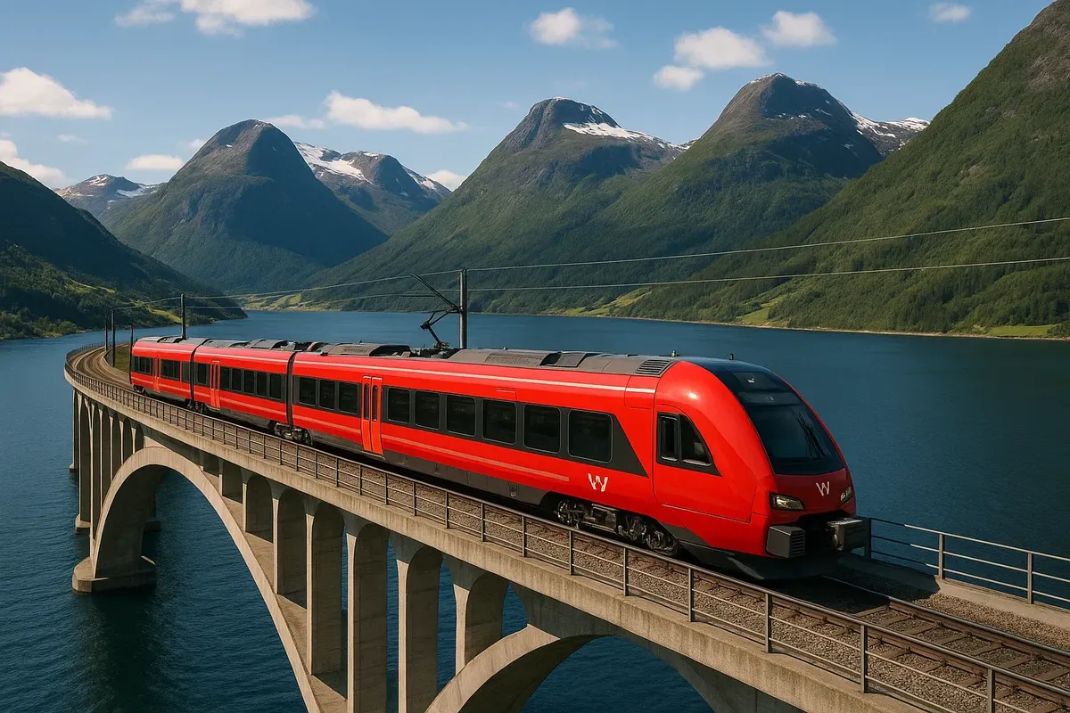Современный поезд Vy на мосту над фьордом, зелёные горы вокруг.